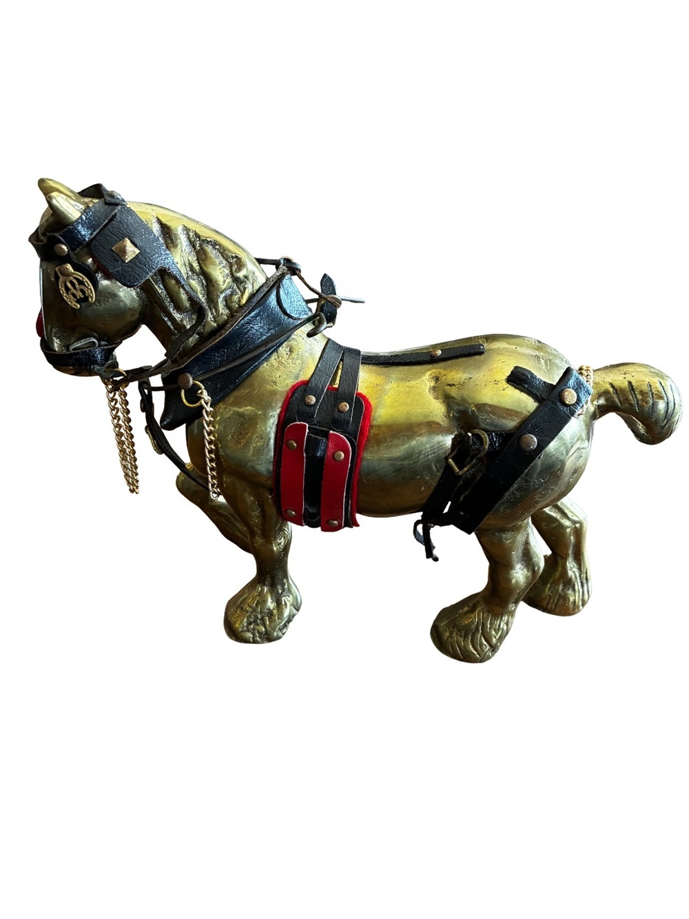 Vintage Solid Brass Shire Horse Figurine Made England Leather Harness 9lb